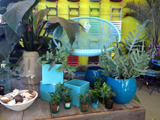 Colorful vignette of pots, plants and furniture